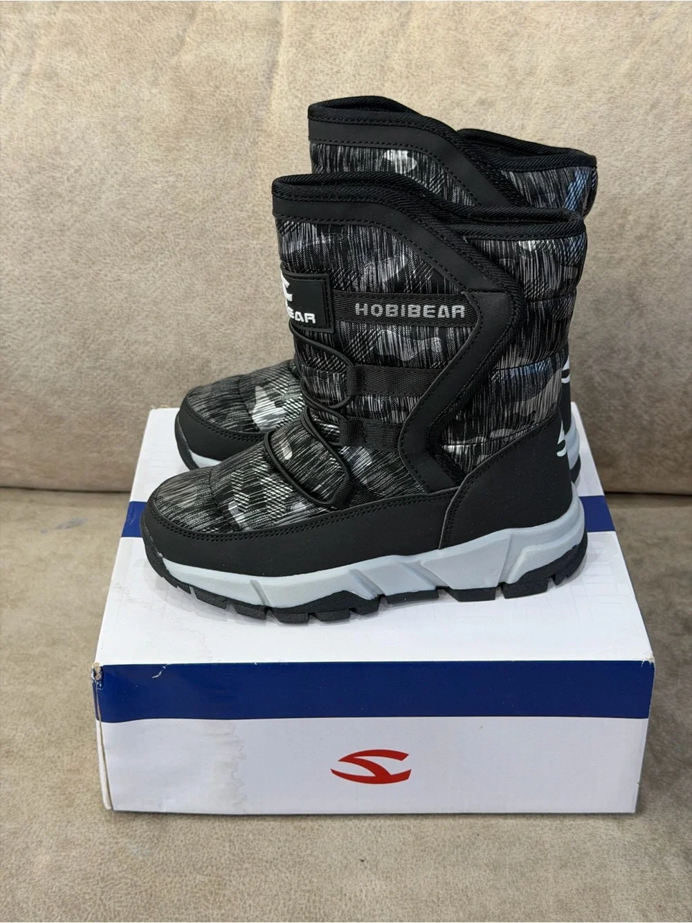 HOBIBEAR Kids Black Gray Camo Winter Snow Boots Size 32 New in Box